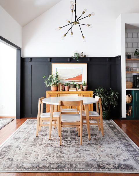 dining room decorating ideas, dining room with black walls and ruggable