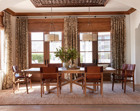 dining room with textured woven shades