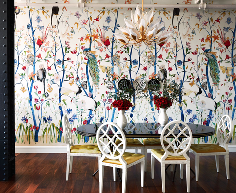 dining room with mural wallcovering