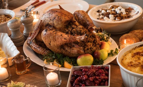 dining table filled with thanksgiving food