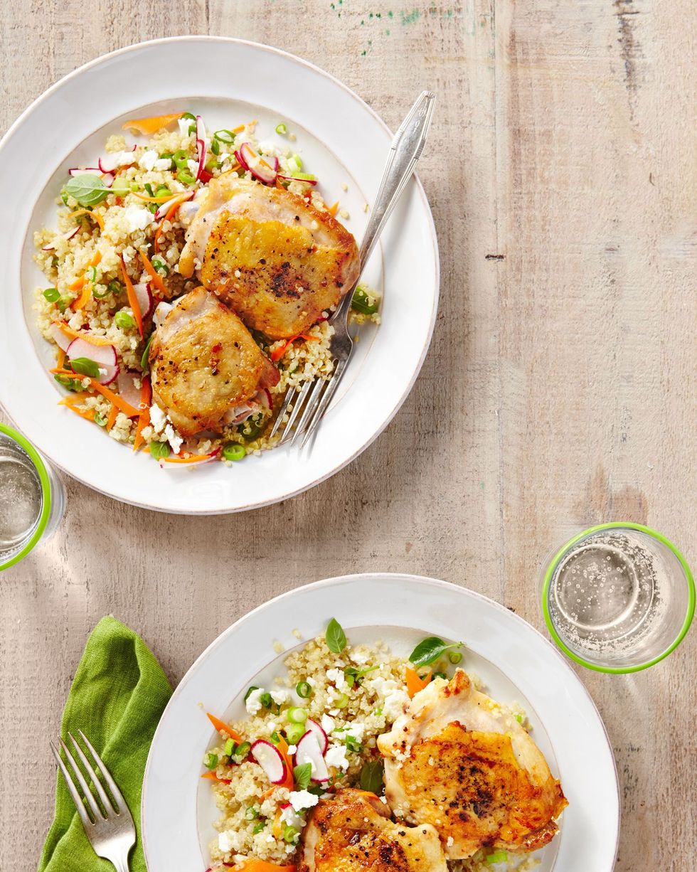salt and pepper chicken with spring quinoa pilaf