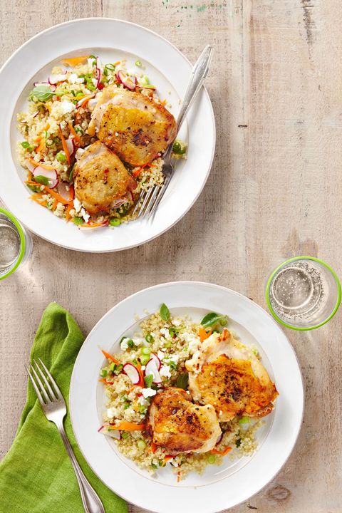 salt and pepper chicken with spring quinoa pilaf