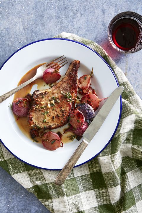 pork chops with roasted maplebacon radishes