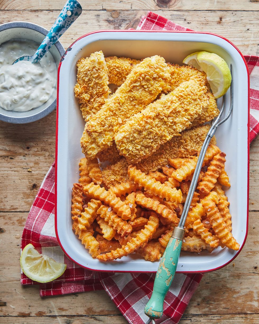 cornflake crusted fish and chips in a serving tray