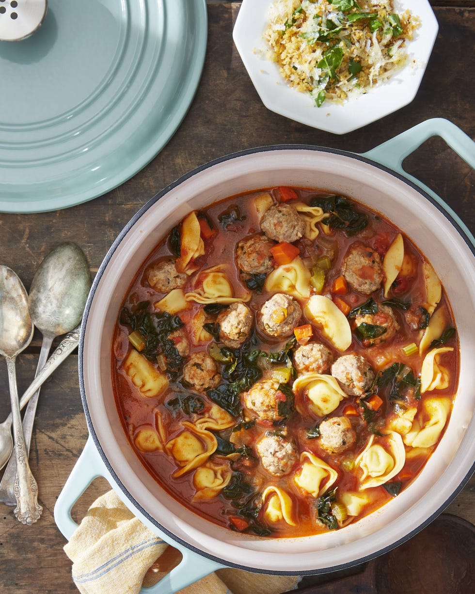 tortellini meatball soup with crispy panko topping