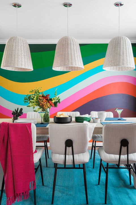 Turquoise, Room, Furniture, Interior design, Lighting accessory, Ceiling, Table, Wall, Pink, Lampshade, 