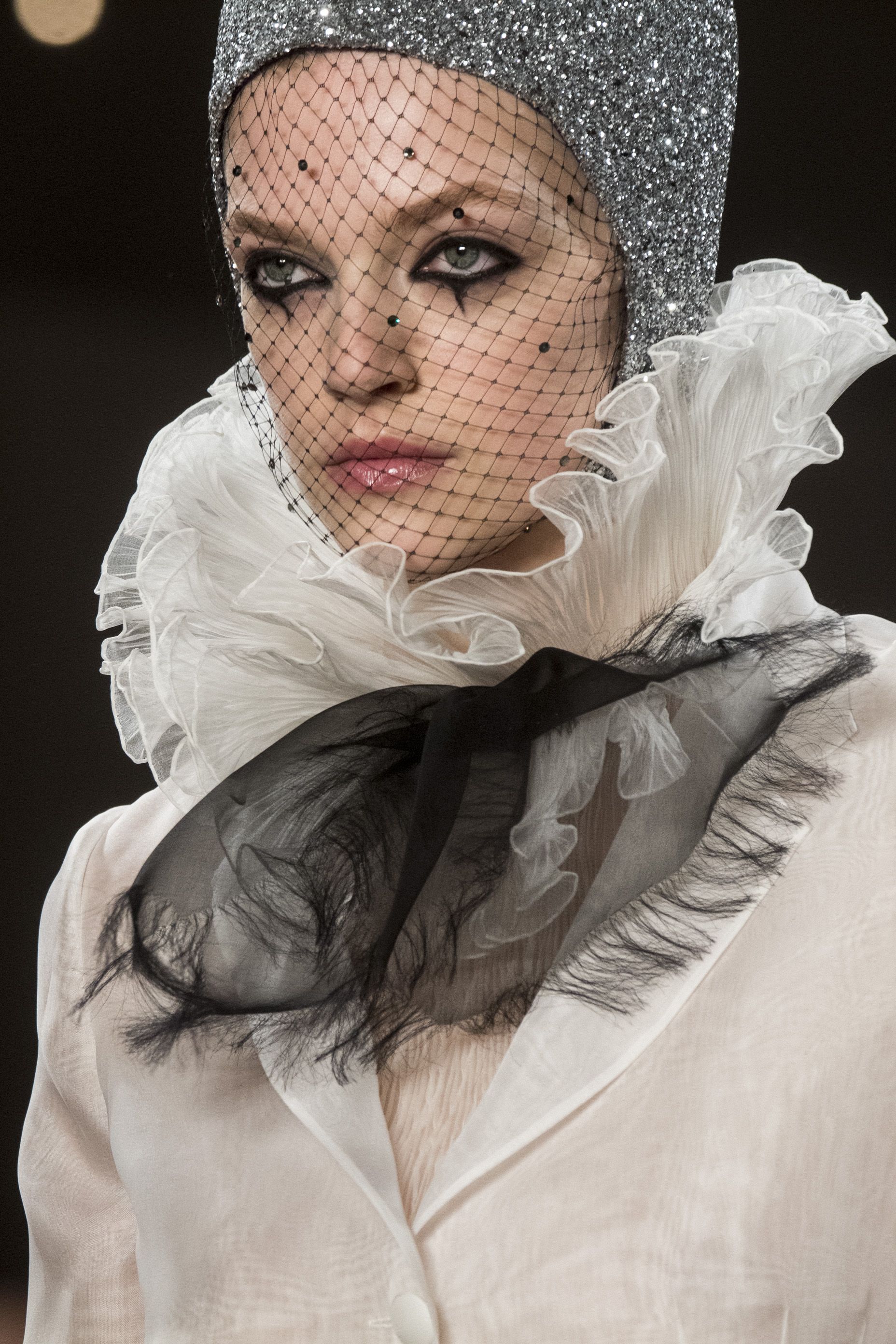 Head, Skin, Fashion, Veil, Eye, Headgear, Bonnet, Lace, Neck, Bridal accessory, 