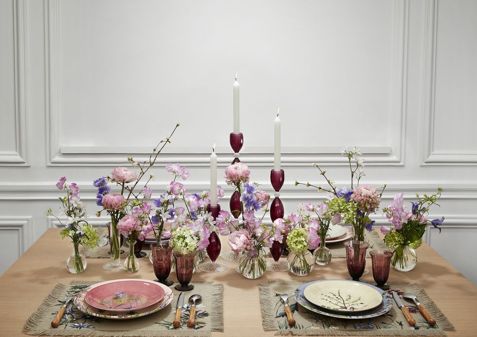 Centrepiece, Pink, Table, Room, Candle, Flower, Floristry, Interior design, Dining room, Floral design, 