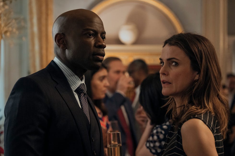 the diplomat l to r david gyasi as austin dennison, keri russell as kate wyler in episode 203 of the diplomat cr alex baileynetfli