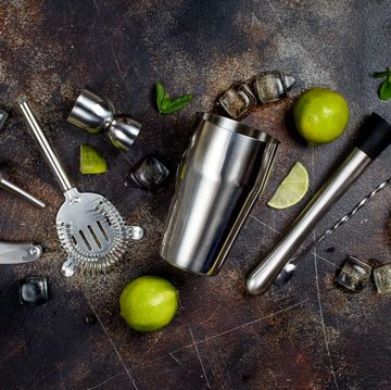 directly above bartender tools,lime,mint and ice