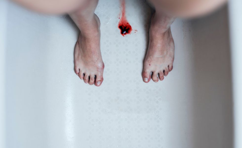 Directly Above Shot Of Blood Amidst Woman Standing In Bathtub