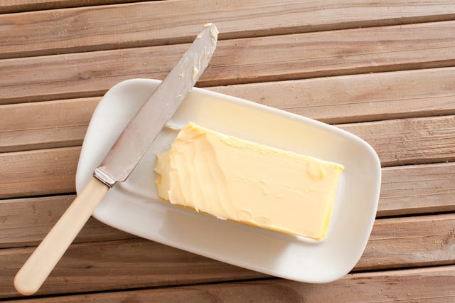 directly above shot of butter and knife on wooden table