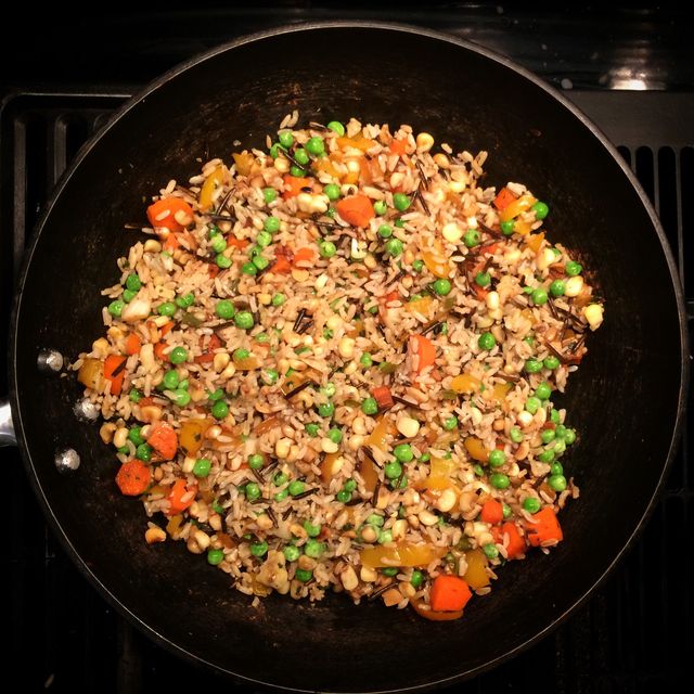Directly Above Shot Of Veg Fried Rice In Cooking Pan