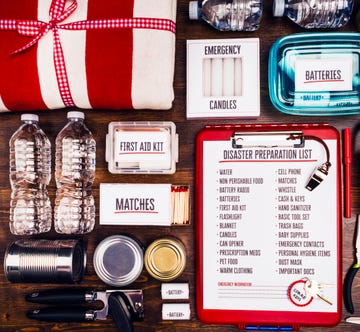 flat lay of a collection of items for disaster preparedness and emergency planning