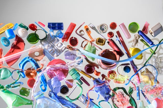 Discarded and polluting plastics collected from beach in North East England, UK