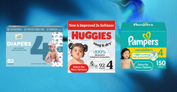 three packs of various diapers against a blue swirl background