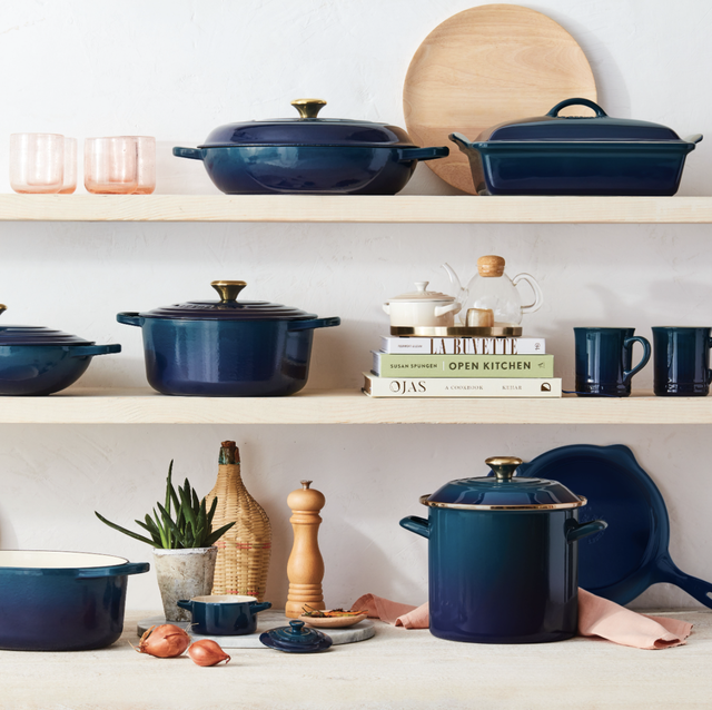 new agave le creuset cookware on shelves