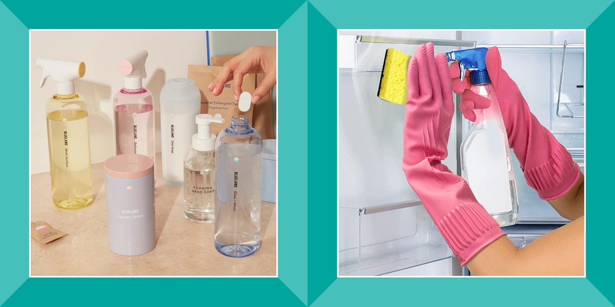 cleaning supplies and a person using waterproof cleaning gloves in a kitchen environment