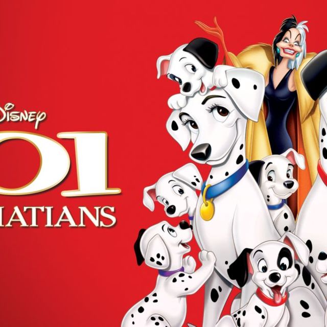 101 dalmations movie poster with animated dogs and cruella de vil
