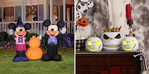 minnie and micky mouse inflatable halloween yard decor and jack skellington light up pumpkin