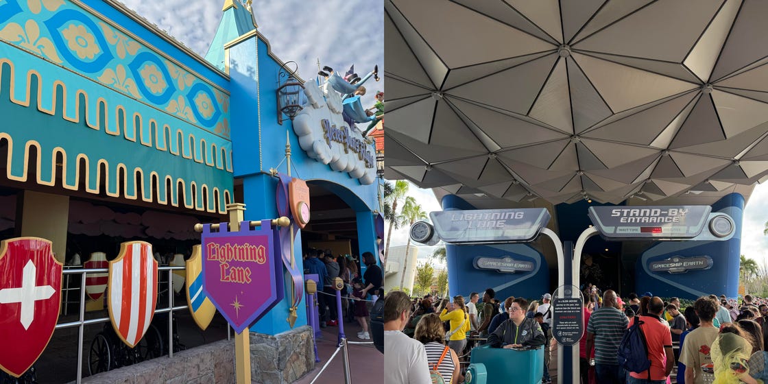 two entrances to amusement park rides showcasing different designs and queue lines