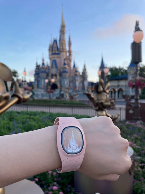 a pink and gold magicband plus on a wrist with magic kingdom park in the background