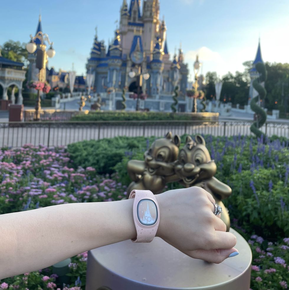 a pink and gold disney magicband plus on a wrist in front of a chip and dale statue and cinderella castle at walt disney world magic kingdom park