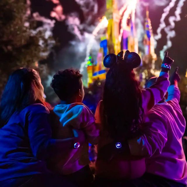a back view of a family watching fireworks at night in front of cinderella castle in magic kingdom, wearing magicband plus that is glowing with light