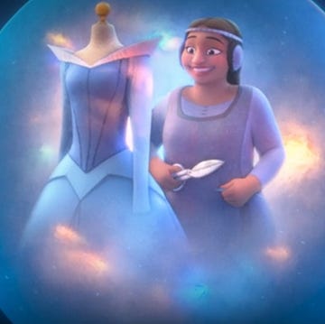 Wish bubbles, with one containing a woman who is creating a dress that looks like Sleeping Beauty's dress wish bubbles, with one containing a woman who is creating a dress that looks like sleeping beauty's dress