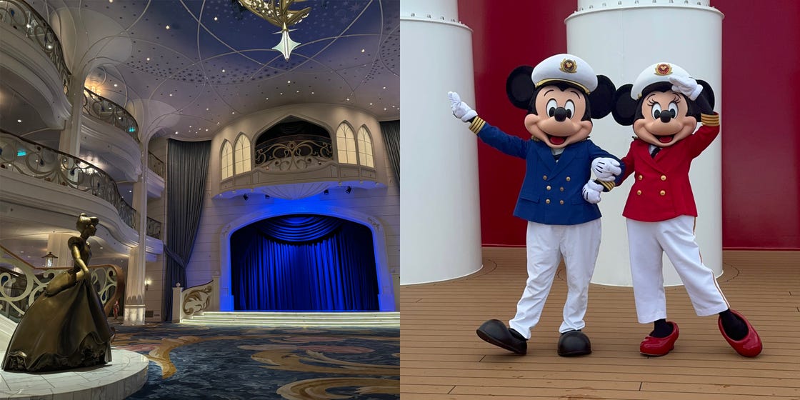 disney wish grand hall and mickey mouse and minnie mouse on the deck in their captain outfits