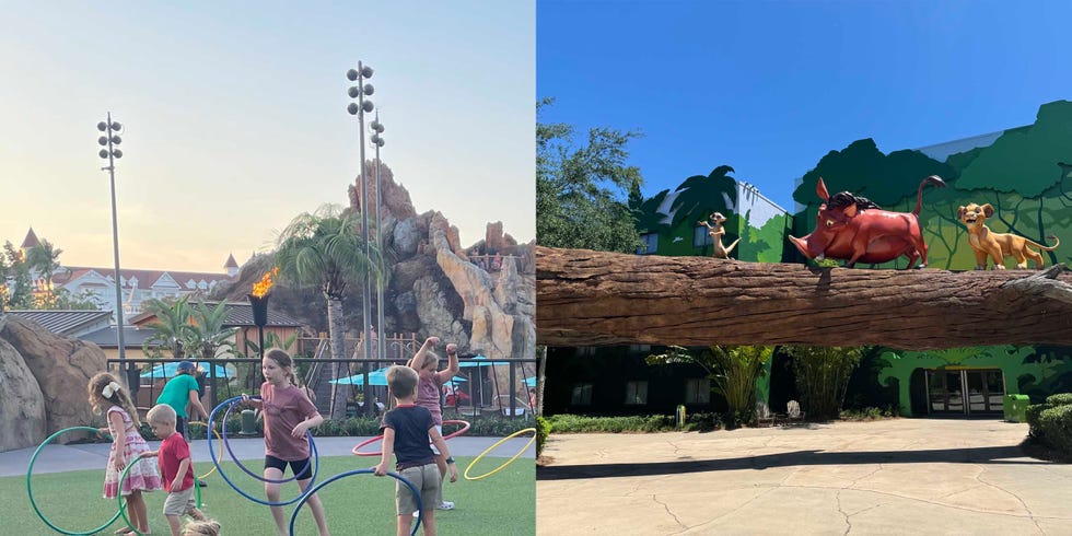 disney world hotels - how to choose children playing with hula hoops near a tropicalthemed play area and a large colorful depiction of animated characters