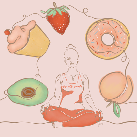 line illustration of woman sitting crosslegged with healthy foods and sweets around her