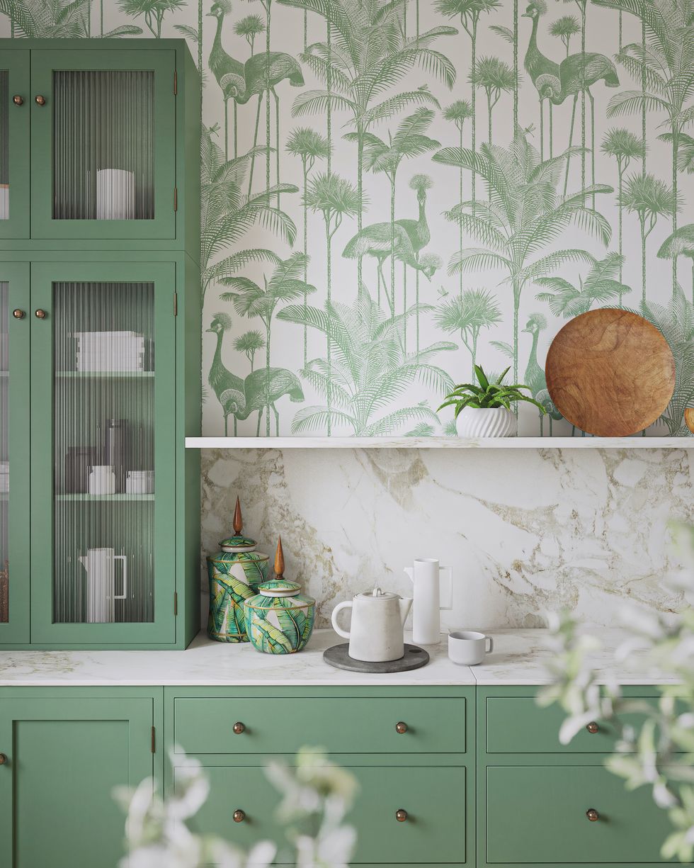 divine savages, crane fonda palm green wallpaper, £150 painted kitchen cabinets open shelving wes anderson style interiors