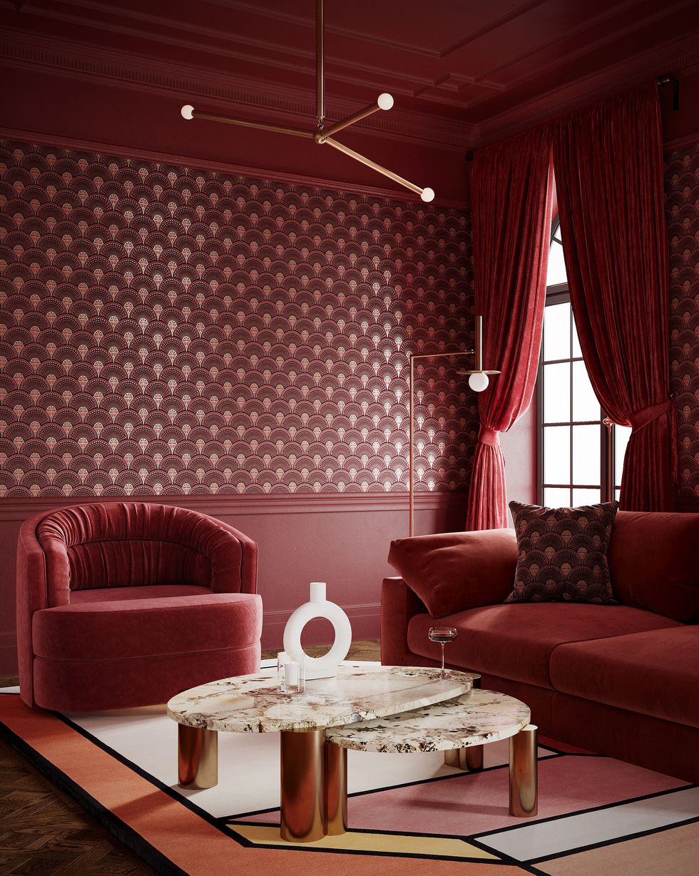 divine savages deco martini moulin rouge wallpaper interior 2 1, £150 velvet luxurious opulent decadent living room wes anderson style crimson red pink