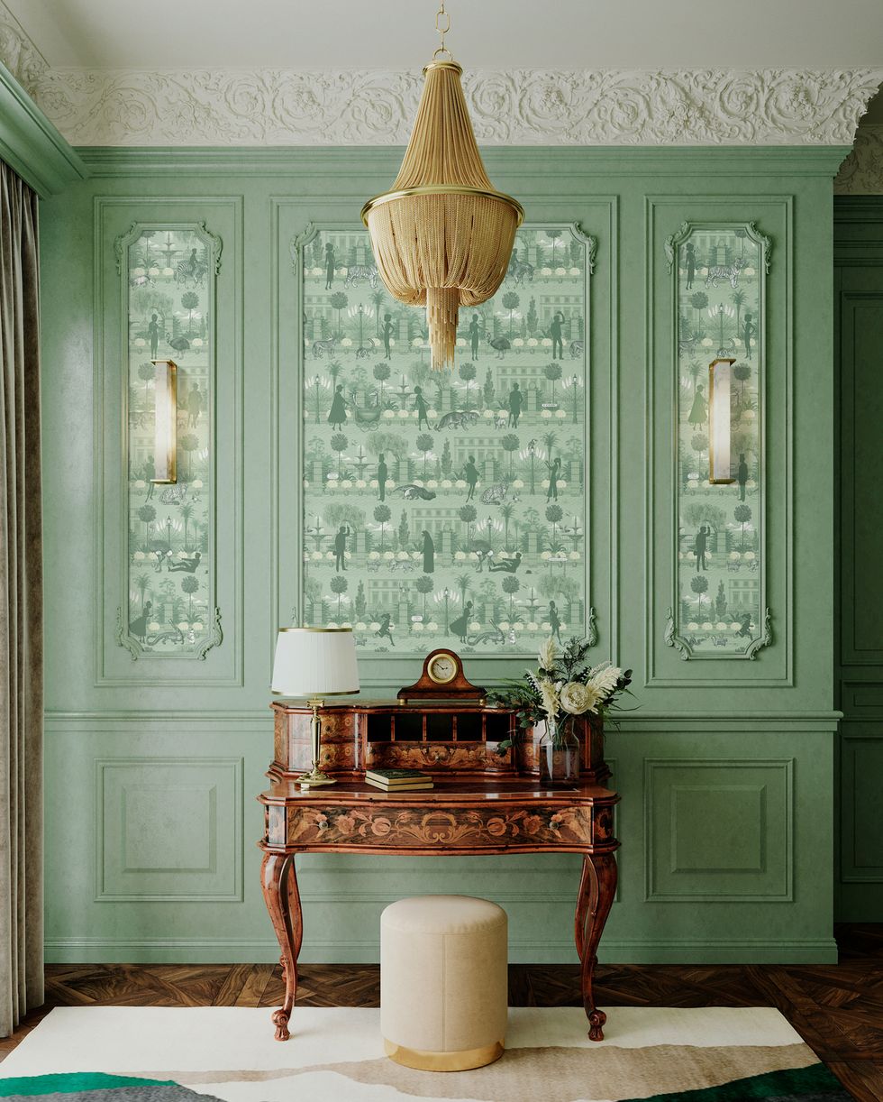 divine savages, portobello parade park green wallpaper, £150 per roll maximalist opulent decor hallway vintage chest of drawers wes anderson style interior