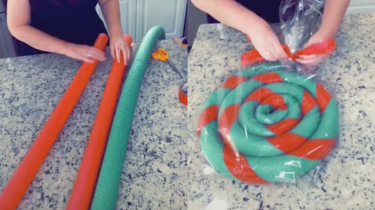 red and green pool noodles on the left photo green pool noodle with red tape on it turned into a lollipop shape on the right photo