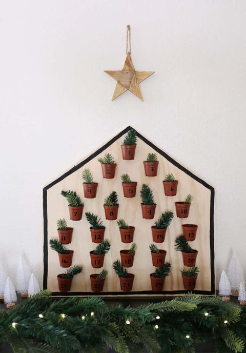 advent calendar made of tiny pots filled with greenery