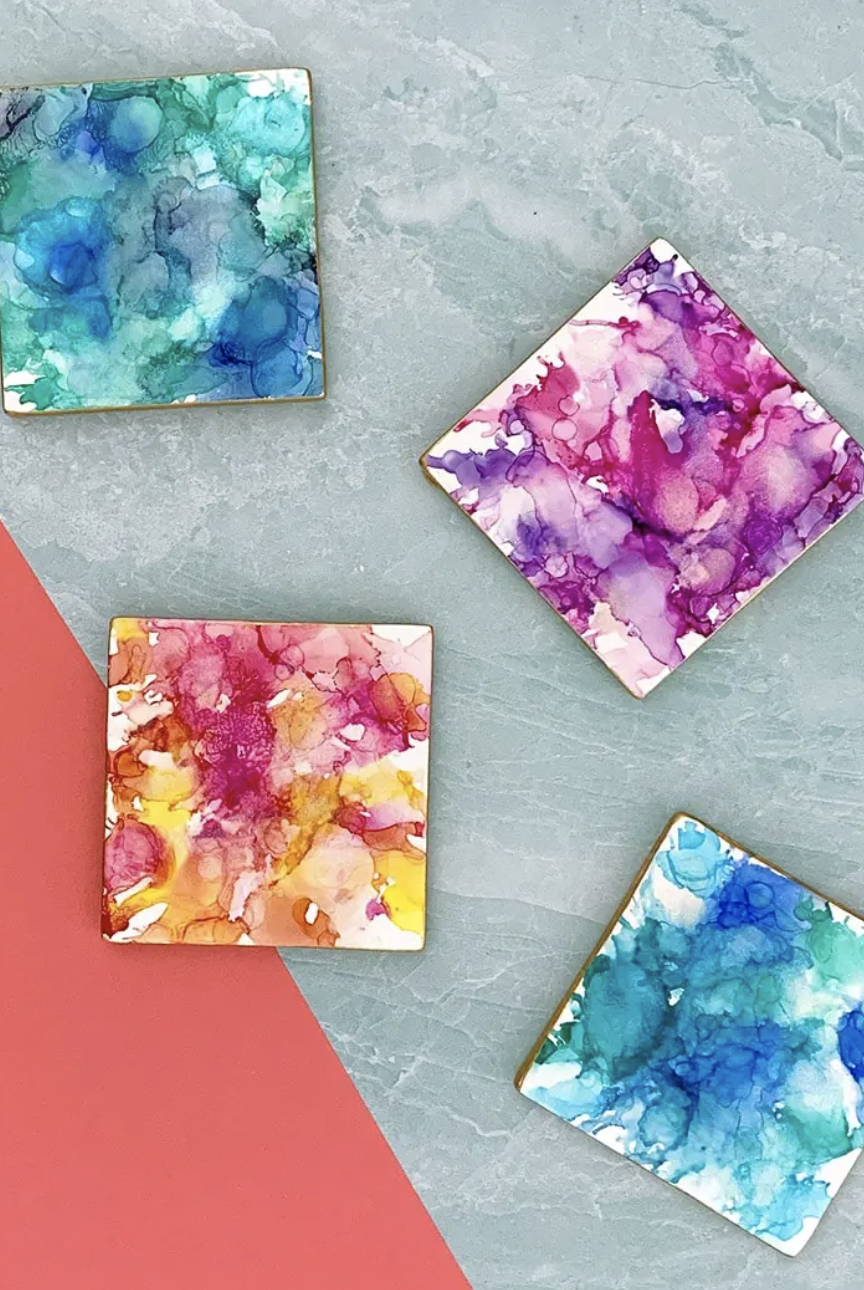 diy christmas gifts, colorful marble coasters