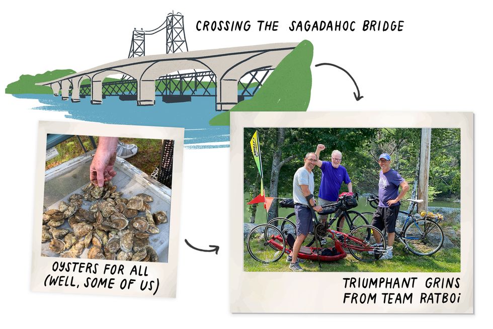 crossing the sagadahoc bridge, oysters for all well some of us, triumphant grins from team ratboi
