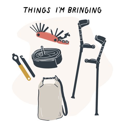 things i'm bringing, bike tools, forearm crutches, kayaking dry bag