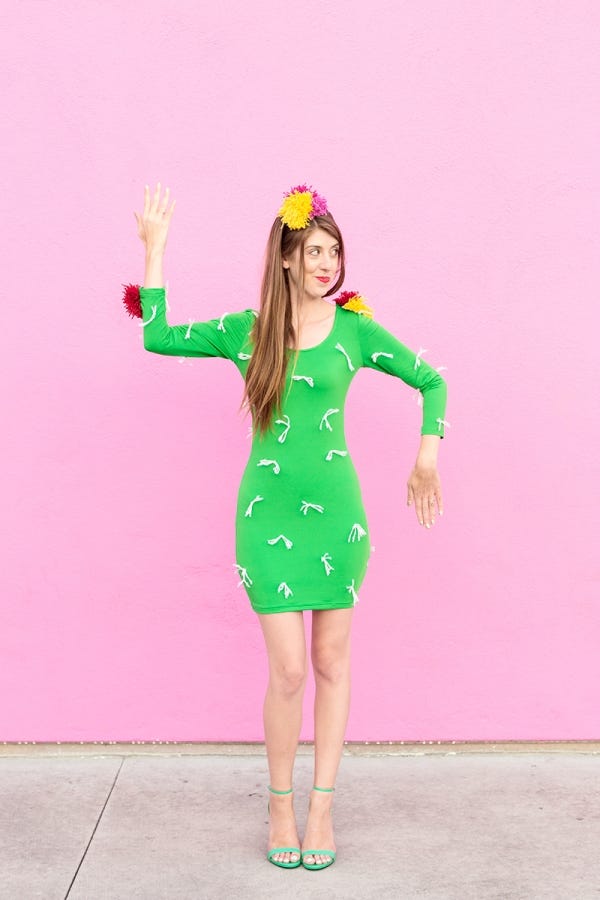 homemade halloween costume, woman wearing a diy cactuc outfit