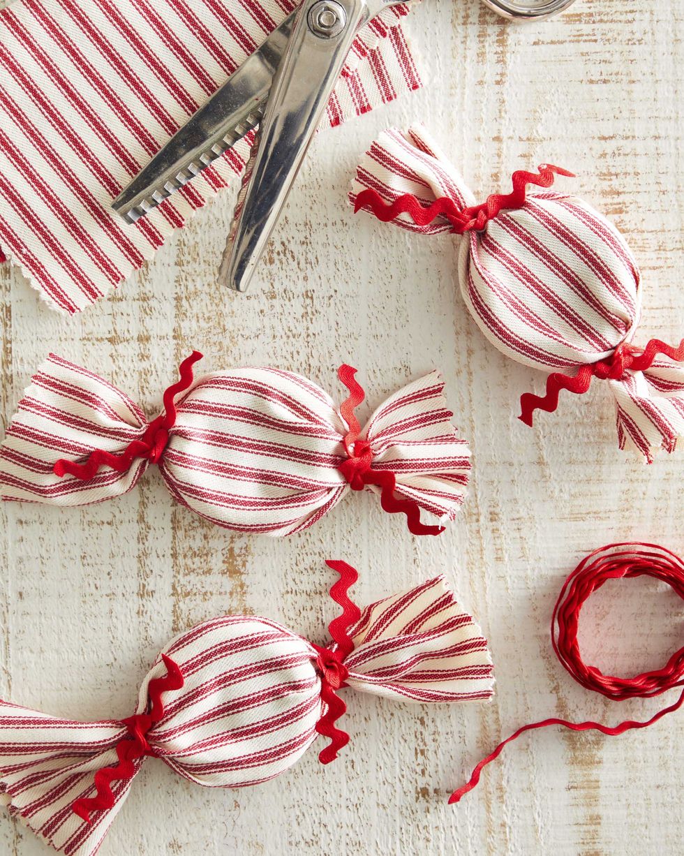 oversized starbright mints made from red and white striped fabric ties with red rick rack