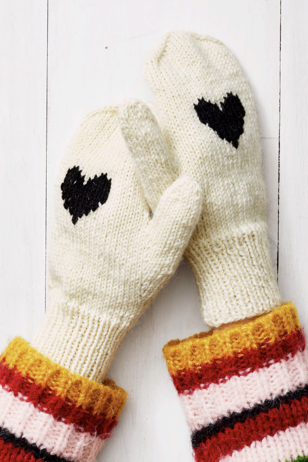 white knit mittens with black heart