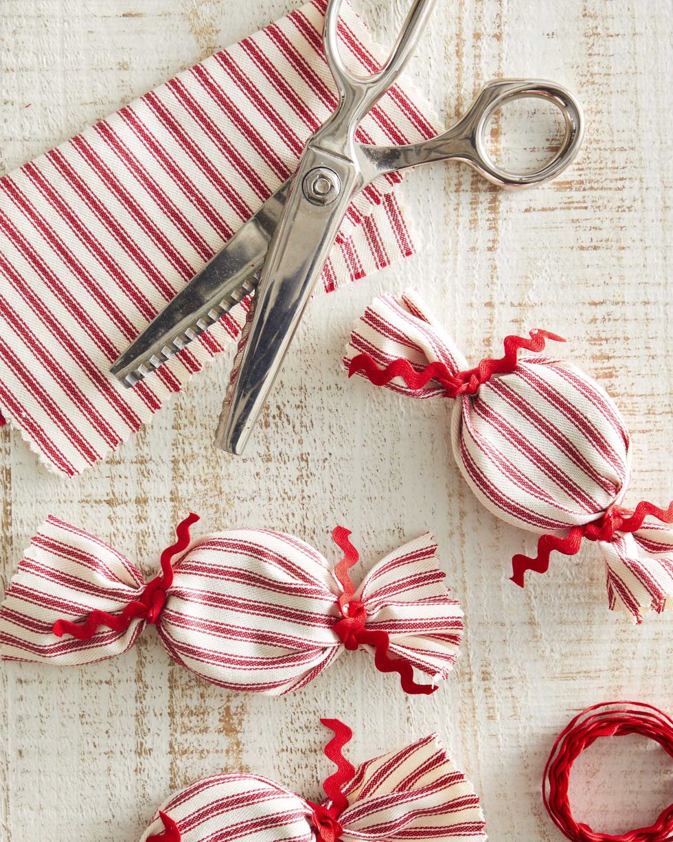 striped red and white fabric crafted to look like oversize peppermints