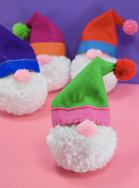 diy christmas ornaments, gnome ornaments made of pom poms