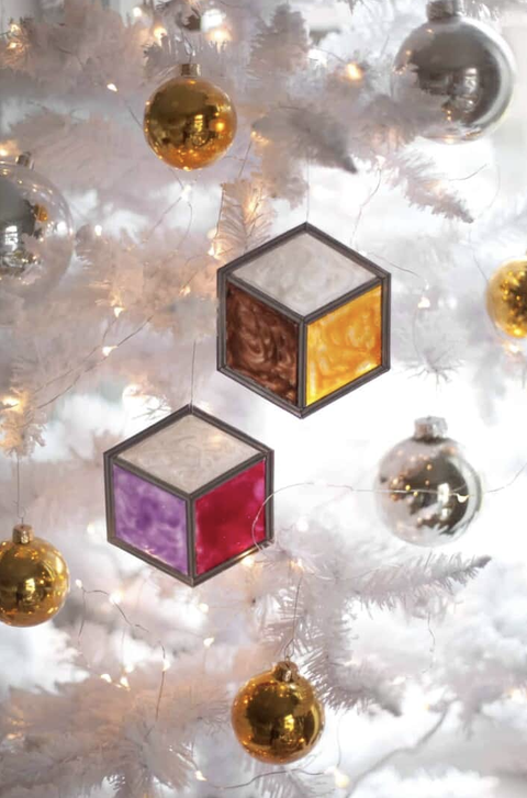 stained glass tumbling block diy christmas ornaments hanging on the white tree