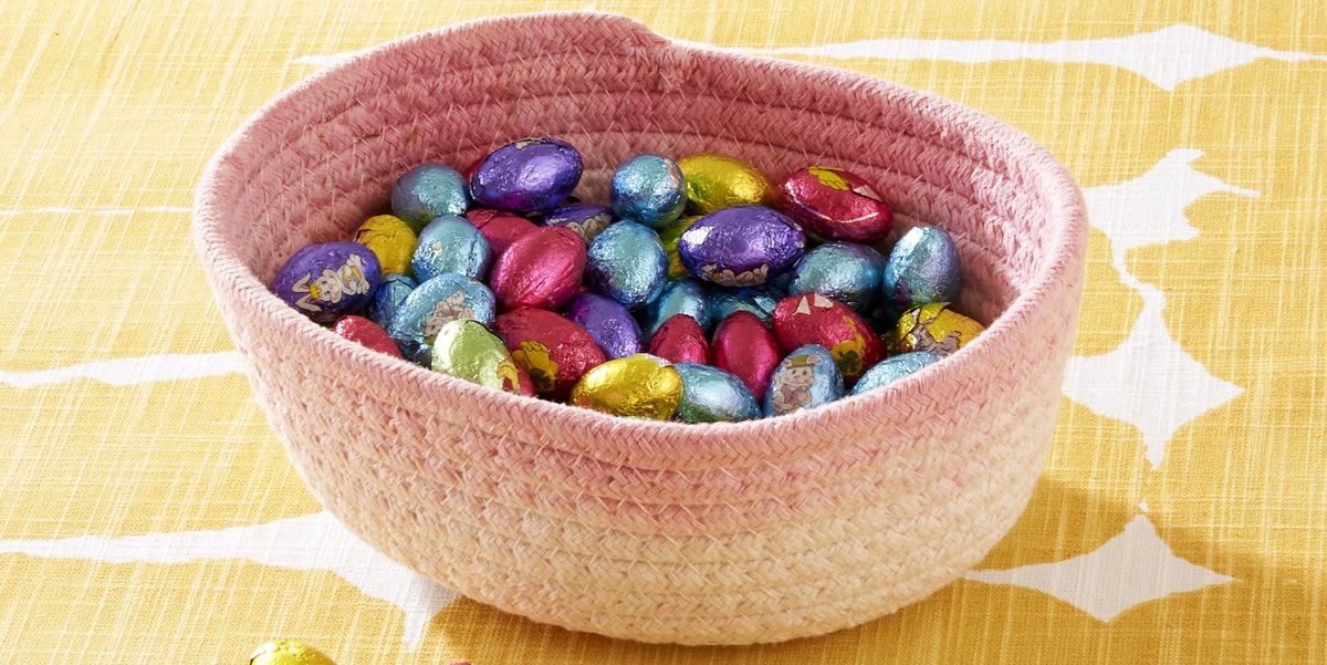 dip dyed easter basket filled with chocolate eggs