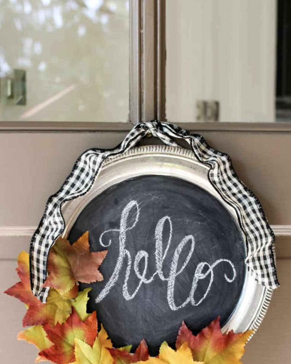 diy fall wreaths, chalkboard wreath with gingham bow and leaves