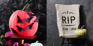 diy halloween decorations, pink pumpkin with bat designs and a tombstone chair cover