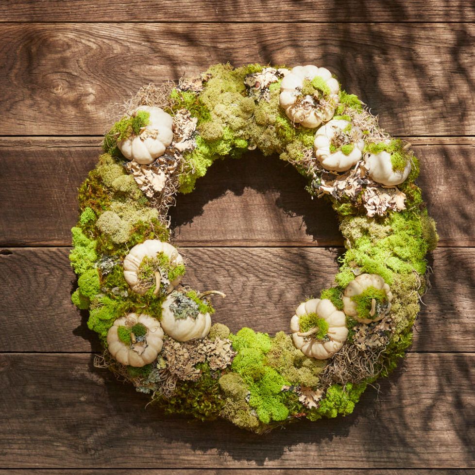 fall wreath made from loads of craft moss and mini white pumpkins